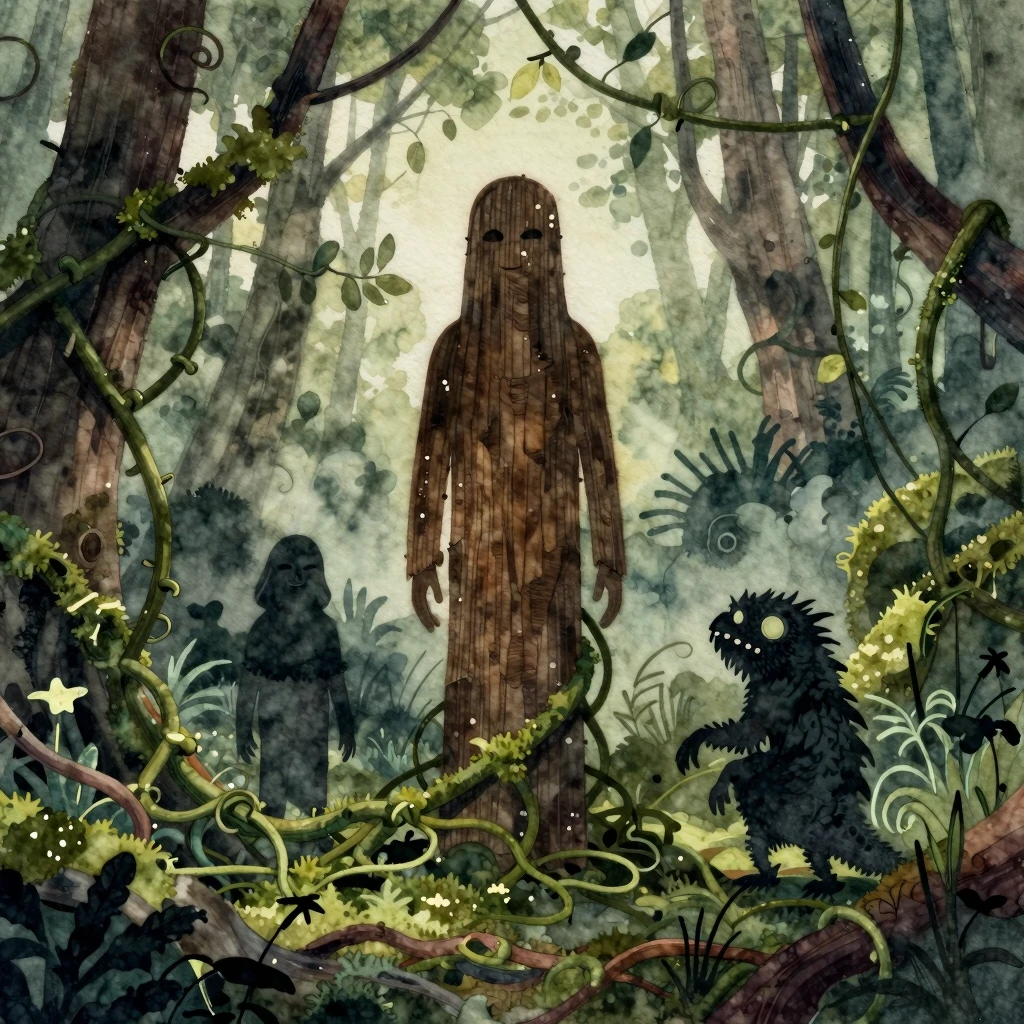 Watercolor style. Silhouettes of a tall wooden spirit and a ...