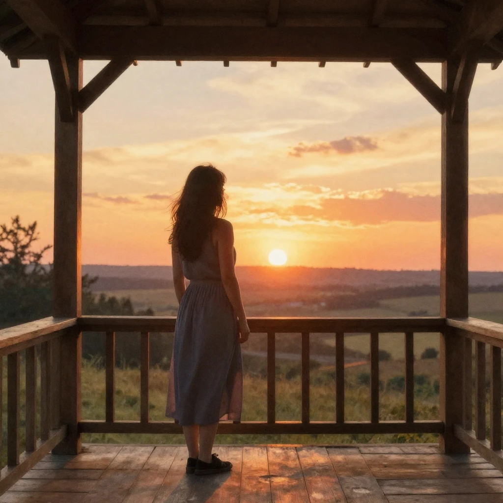 A silhouette of a woman standing on a cozy dacha porch, look...