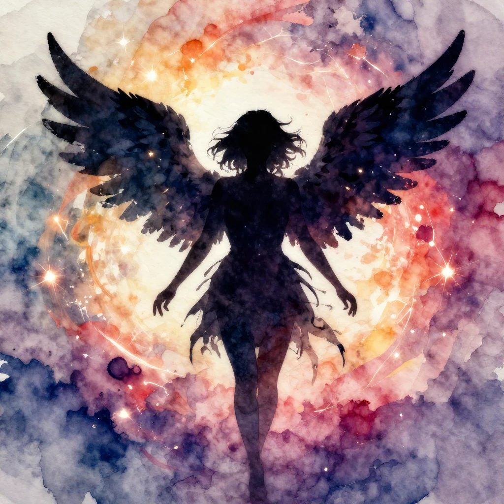 Vibrant watercolor style silhouette of a woman, half angelic...