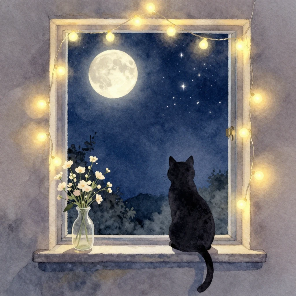 Watercolor illustration of a cozy room window at night, silh...