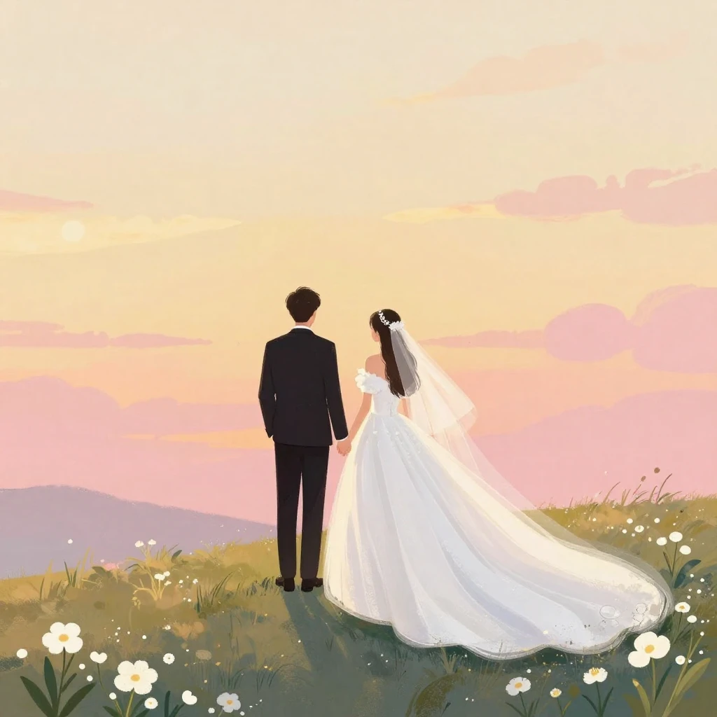 A romantic illustration of a bride and groom standing on a h...
