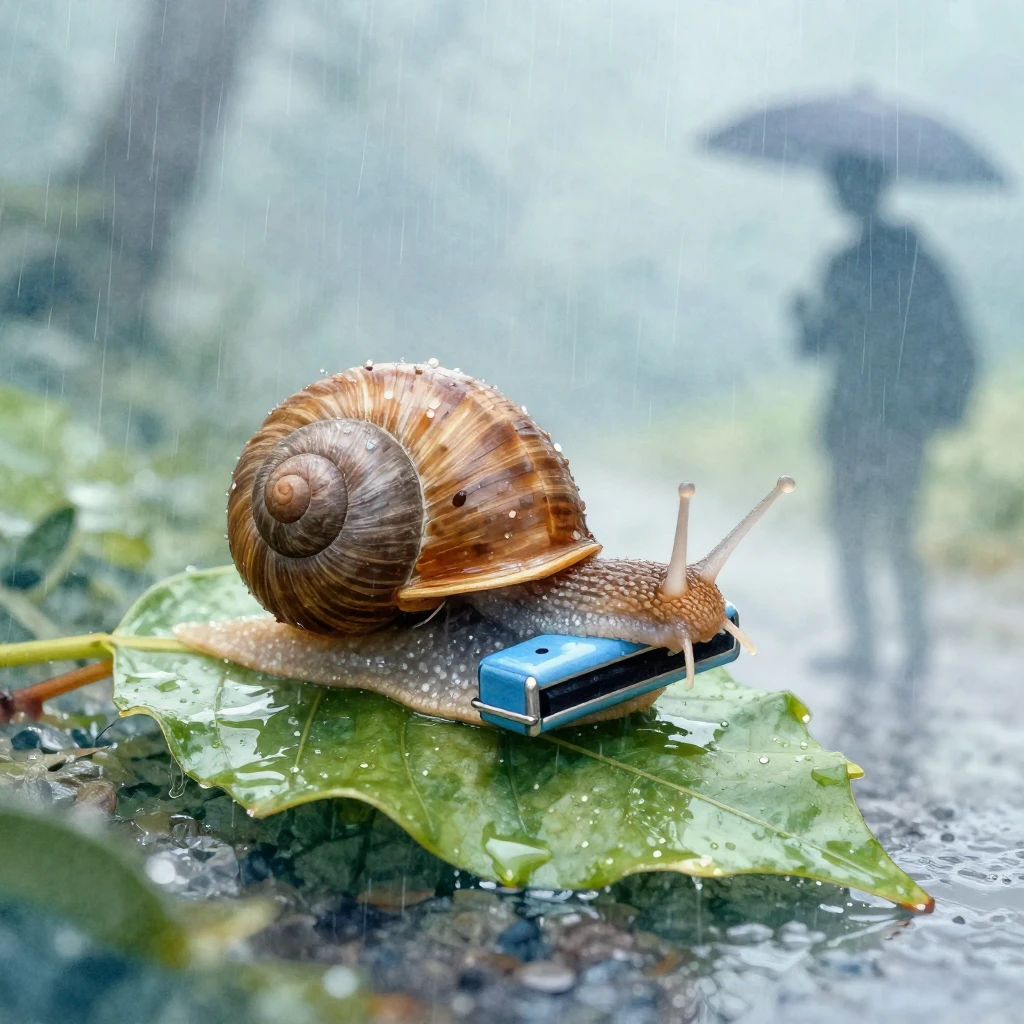 A whimsical snail playing a blues harmonica on a wet leaf in...