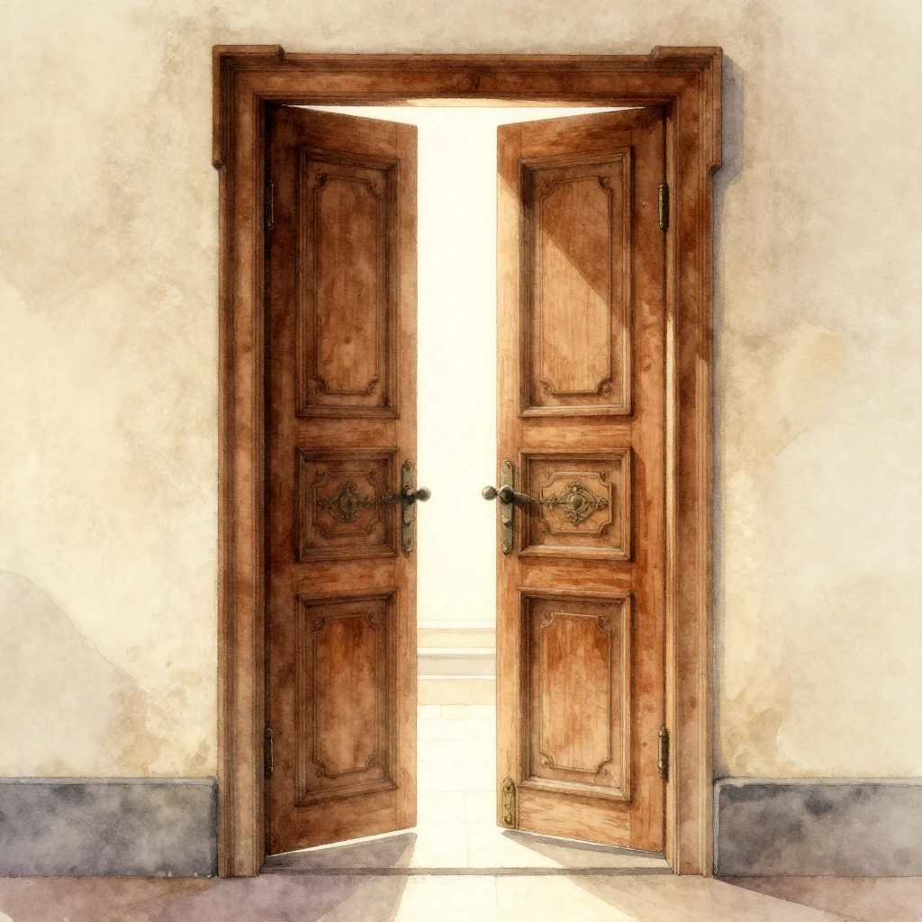 An old, ornate wooden door slightly ajar, with a bright, inv...