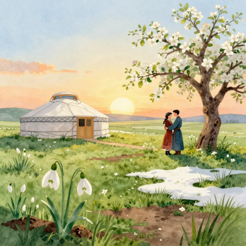 A serene watercolor painting of the Kazakh steppe during ear...