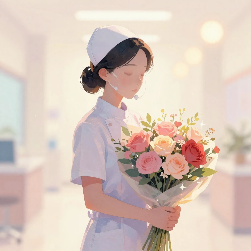 A silhouette of a female nurse in a medical cap, holding a l...