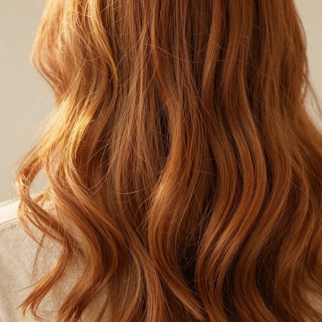 A close-up of flowing, wavy ginger hair, illuminated by a wa...