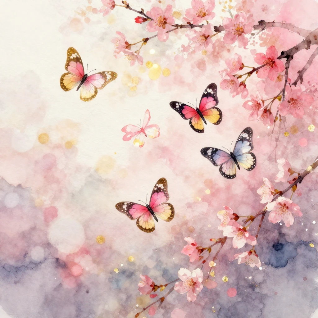 Watercolor painting of flying butterflies, abstract spring b...