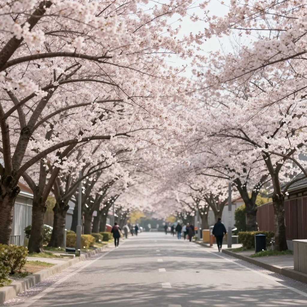 A sunlit spring street with cherry blossoms in full bloom, g...