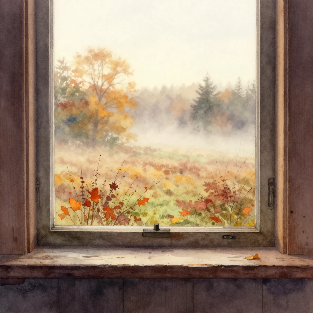 A watercolor painting of a rustic wooden window sill looking...