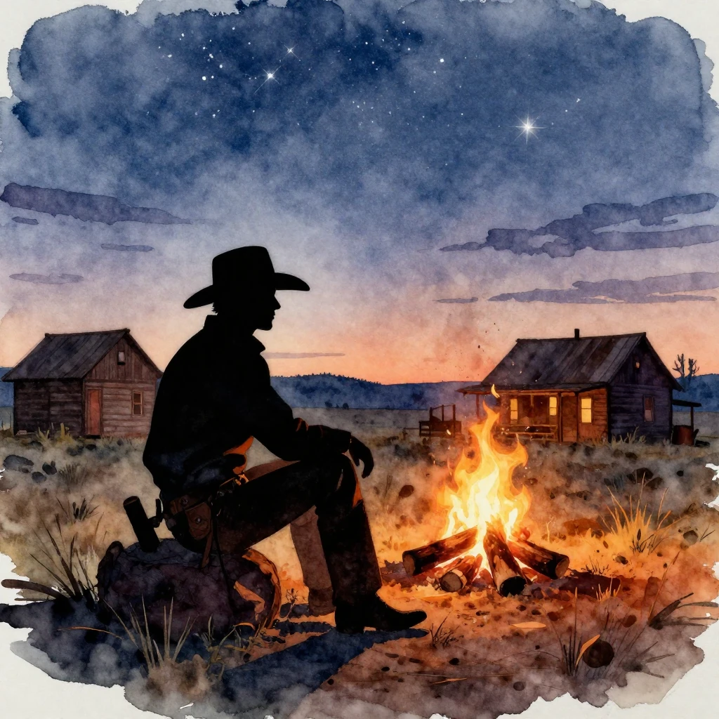 A watercolor silhouette of a cowboy sitting by a campfire at...