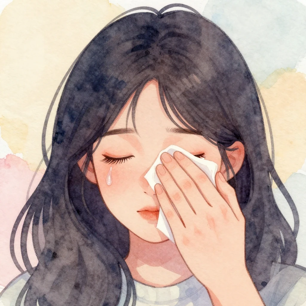 A watercolor style close-up of a gentle hand wiping a tear f...