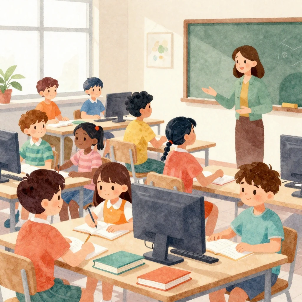 A vibrant watercolor illustration depicting a modern classro...