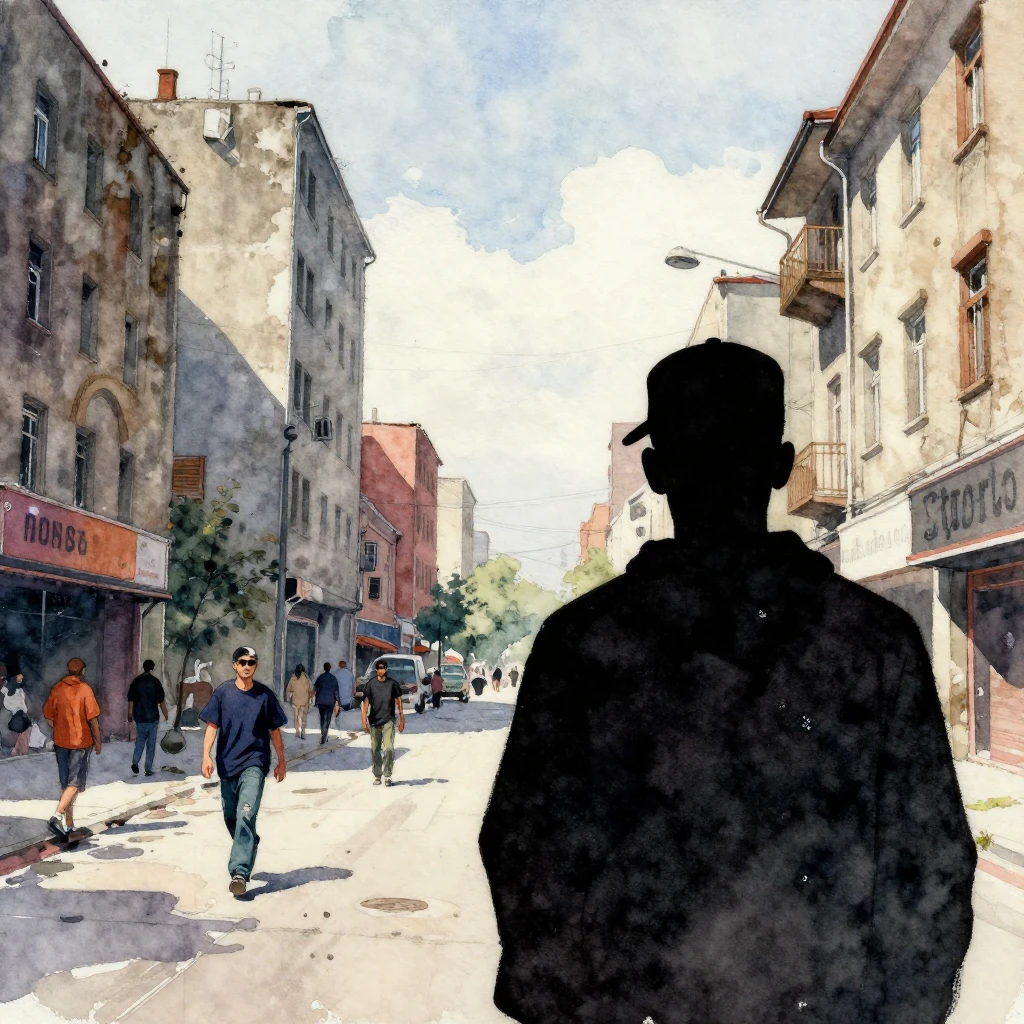 A vibrant watercolor painting depicting an urban street scen...