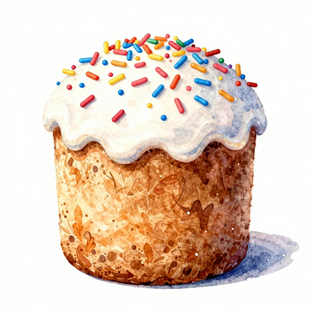 Vibrant watercolor painting of a traditional Easter kulich, ...