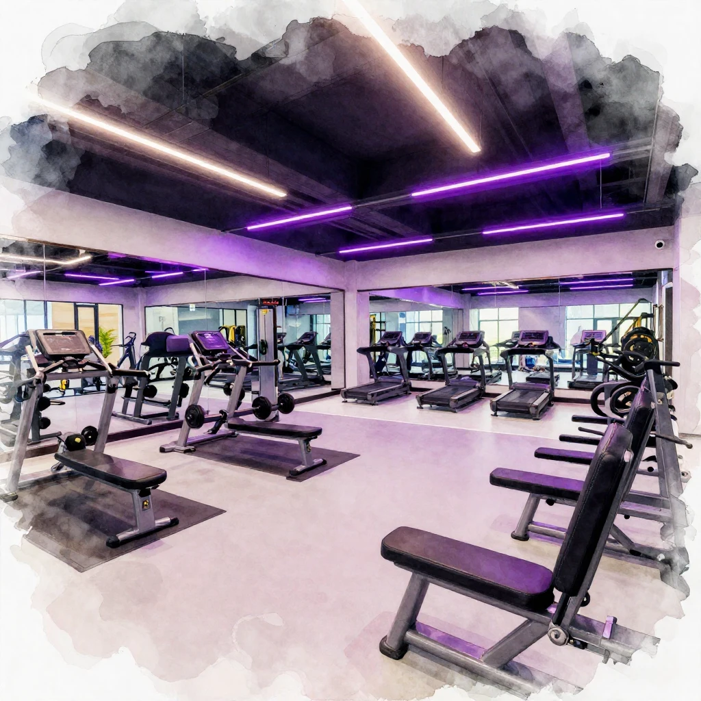 Interior of a modern gym with sleek design, vibrant neon lig...