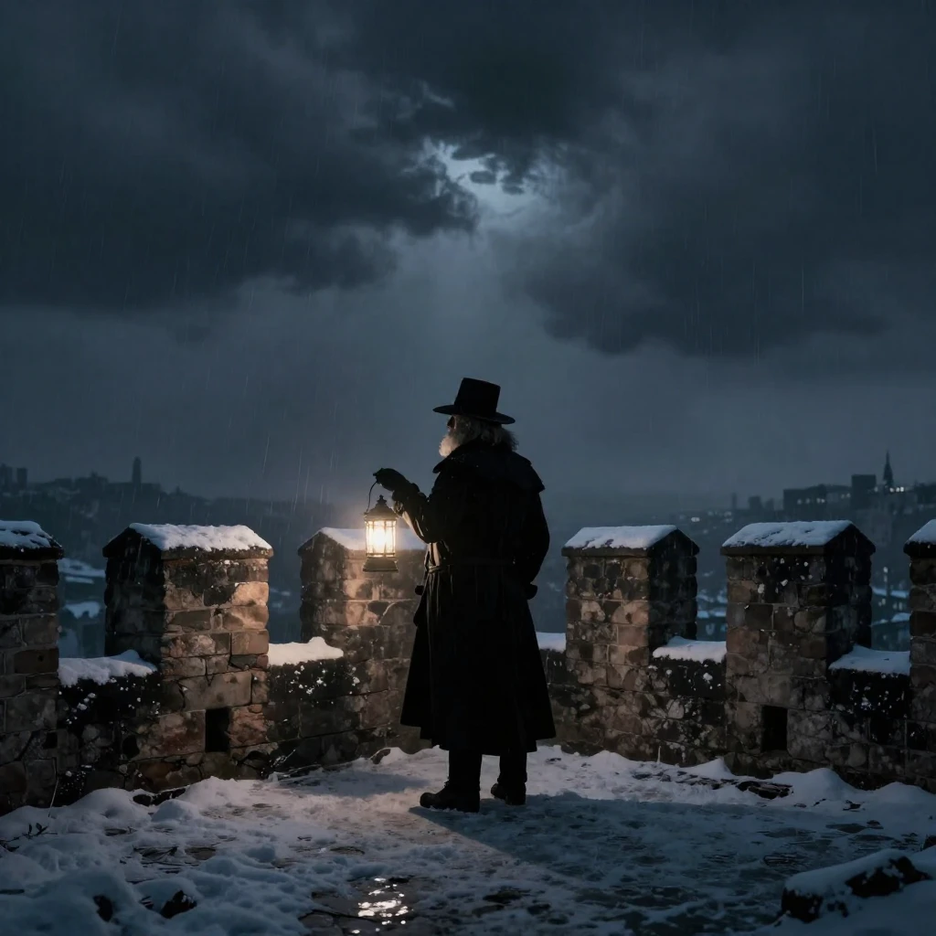 A lone silhouette of an old baron standing on a weathered ca...