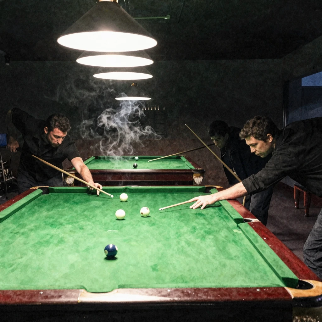 Watercolor style. Silhouettes of three men playing pool in a...
