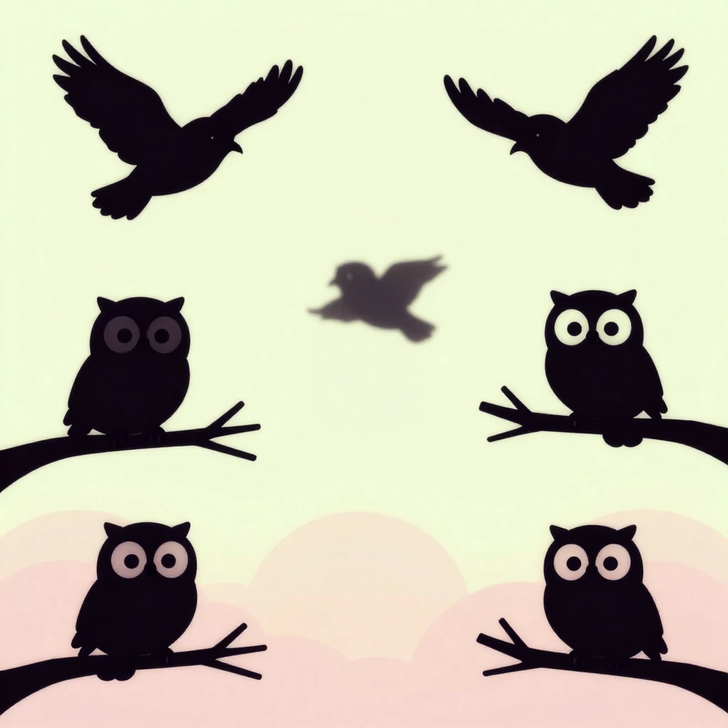 Silhouettes of small, cute owls perched on branches or flyin...