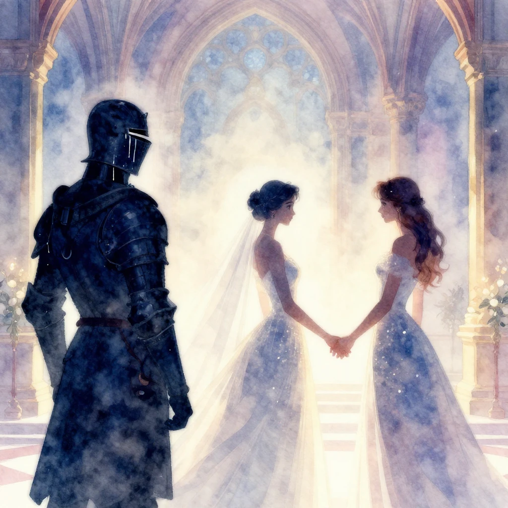 A distant, elegant figure in a wedding dress, holding hands ...