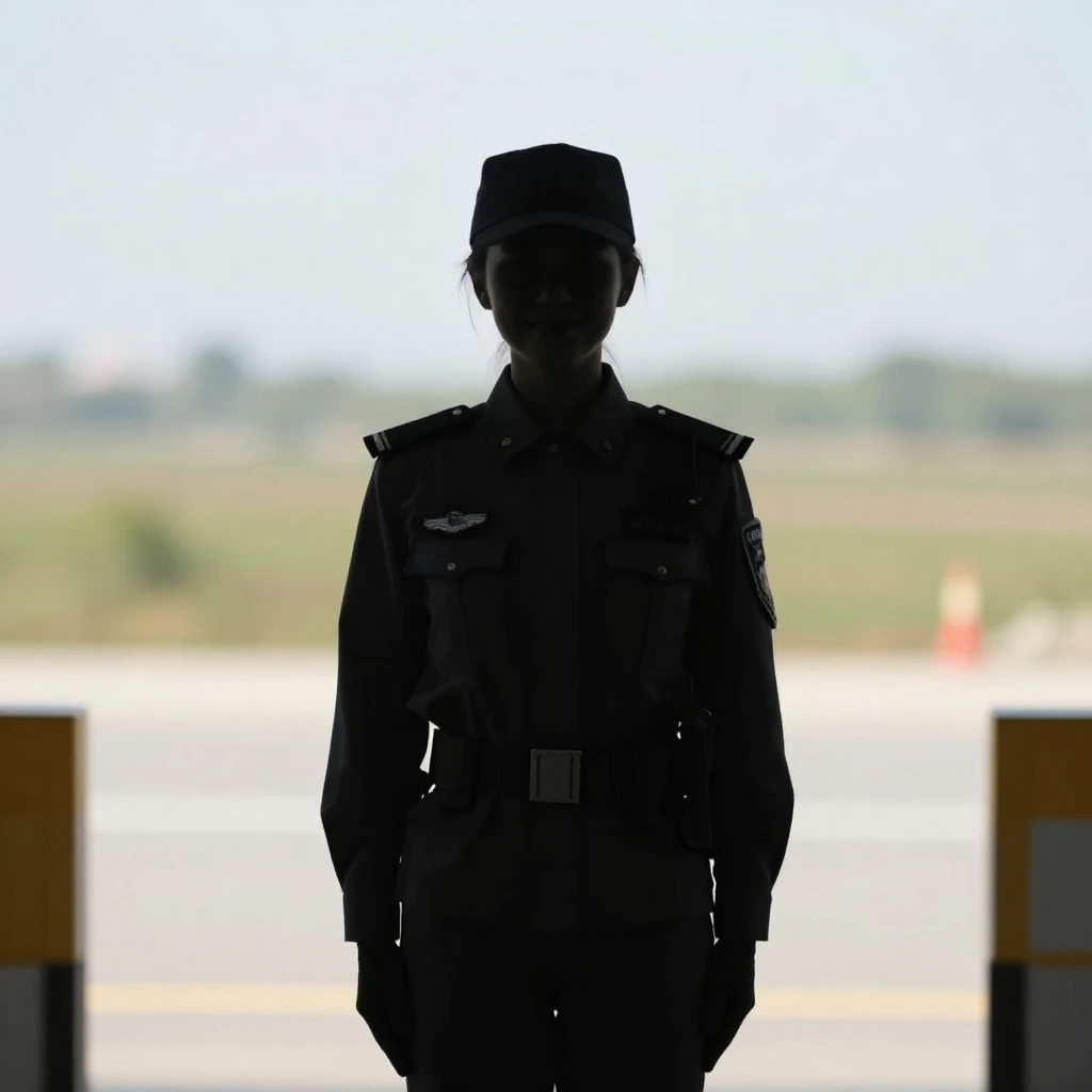 A stylized silhouette of a female border guard in uniform, w...
