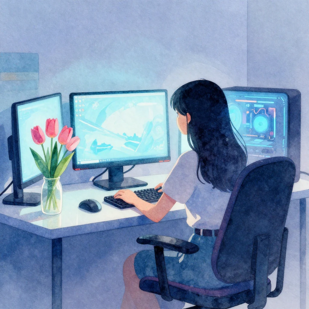 A silhouette of a girl sitting at a gaming desk, surrounded ...