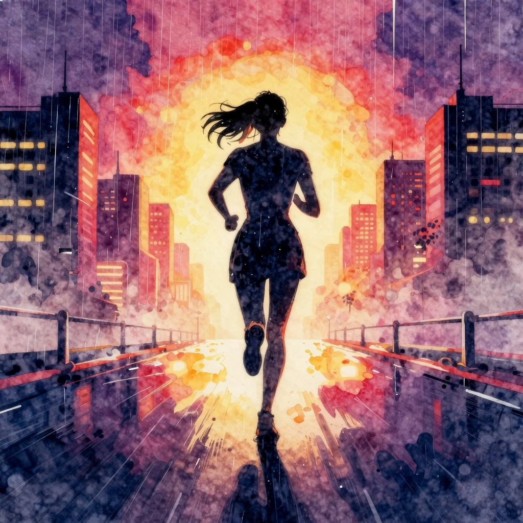 Watercolor style. A dark silhouette of a woman running towar...