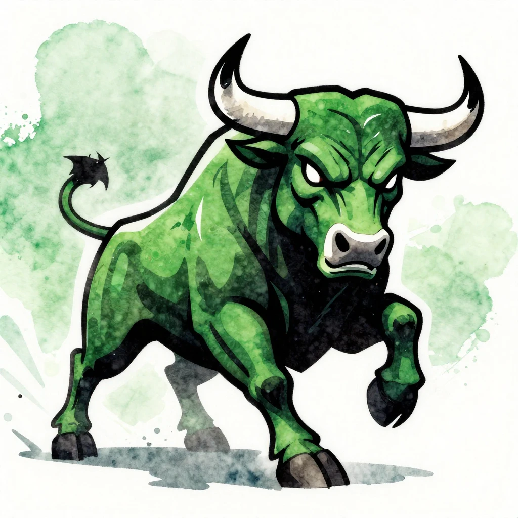 A vibrant watercolor illustration of a stylized, enraged bul...