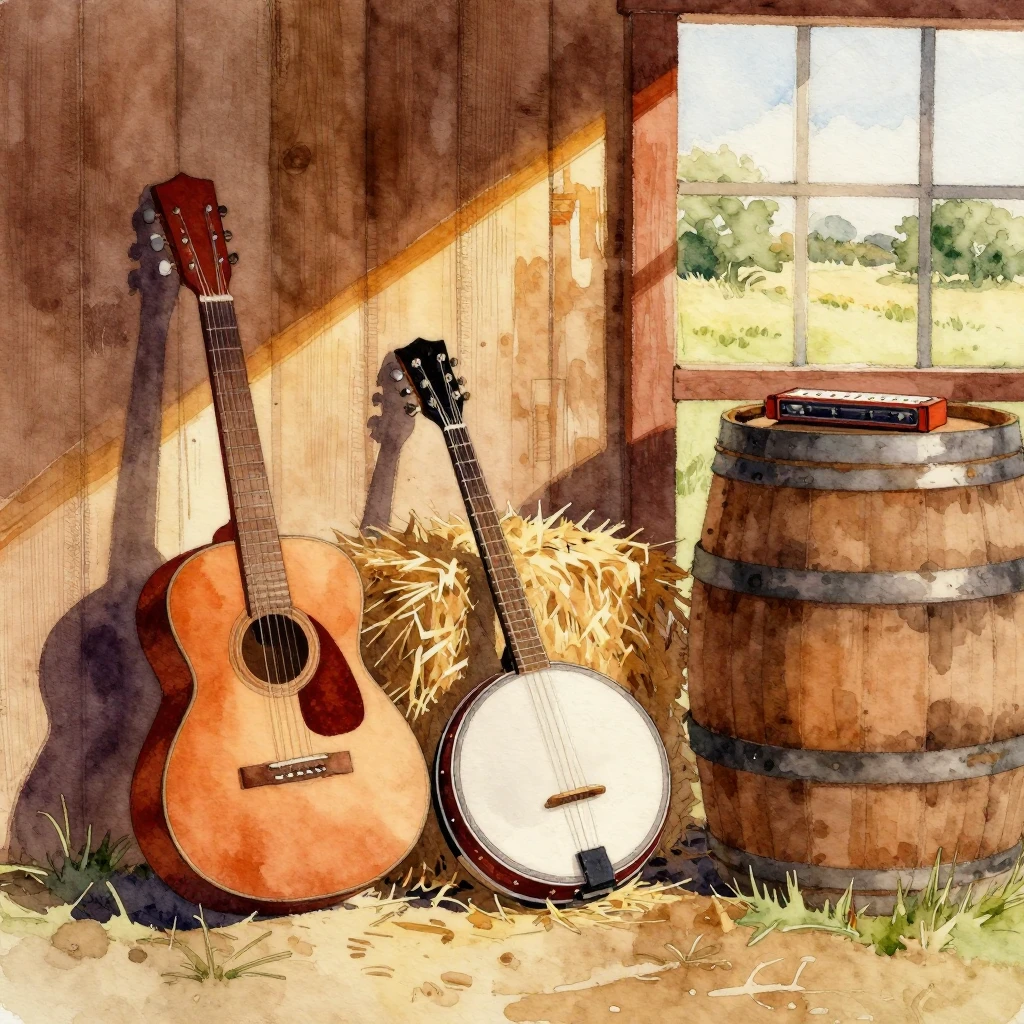 Watercolor painting of traditional American folk music instr...