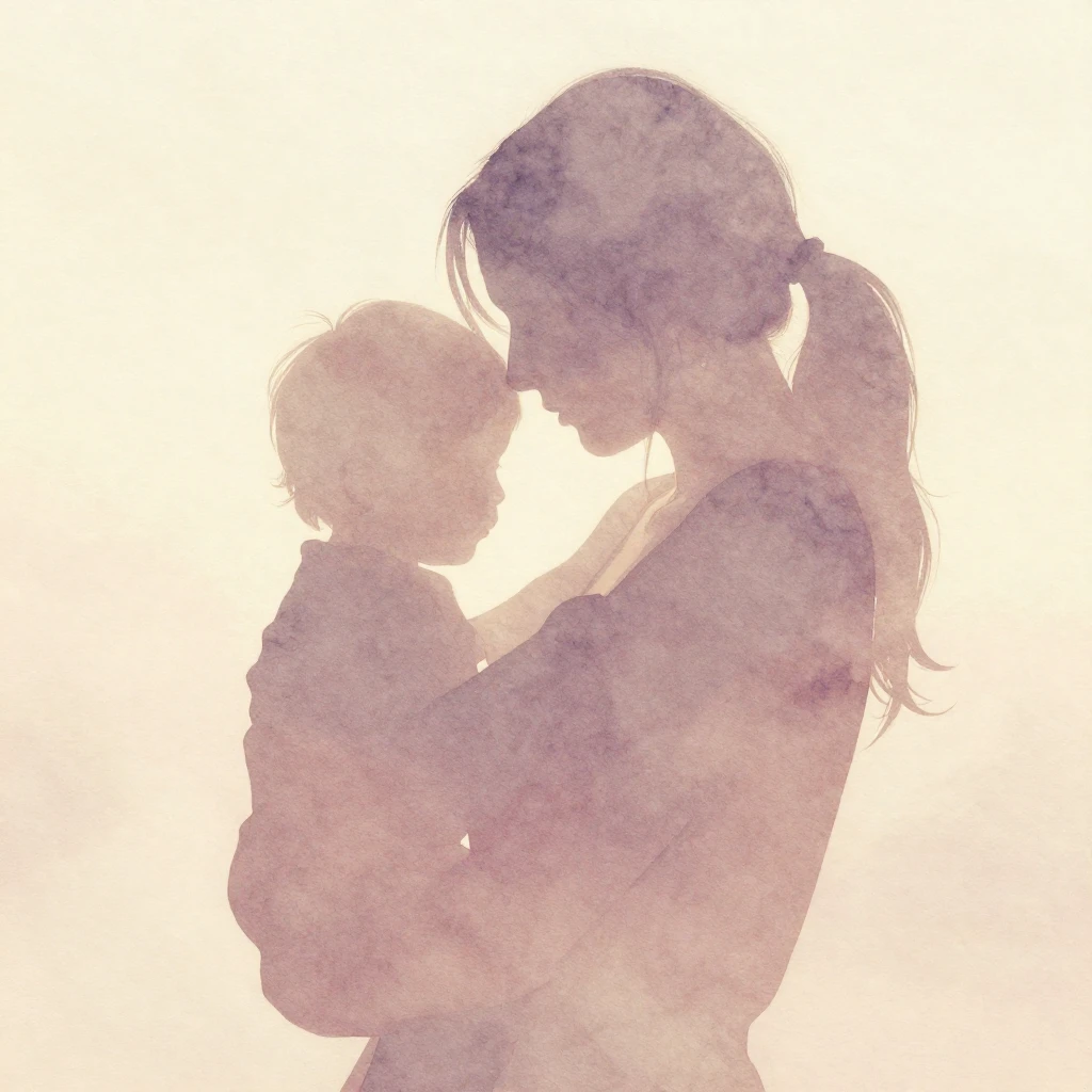 A subtle, almost ethereal silhouette of a mother's embrace, ...