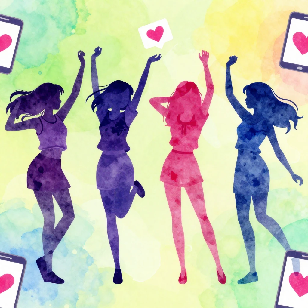 Watercolor style. Silhouettes of teenage girls dancing energ...