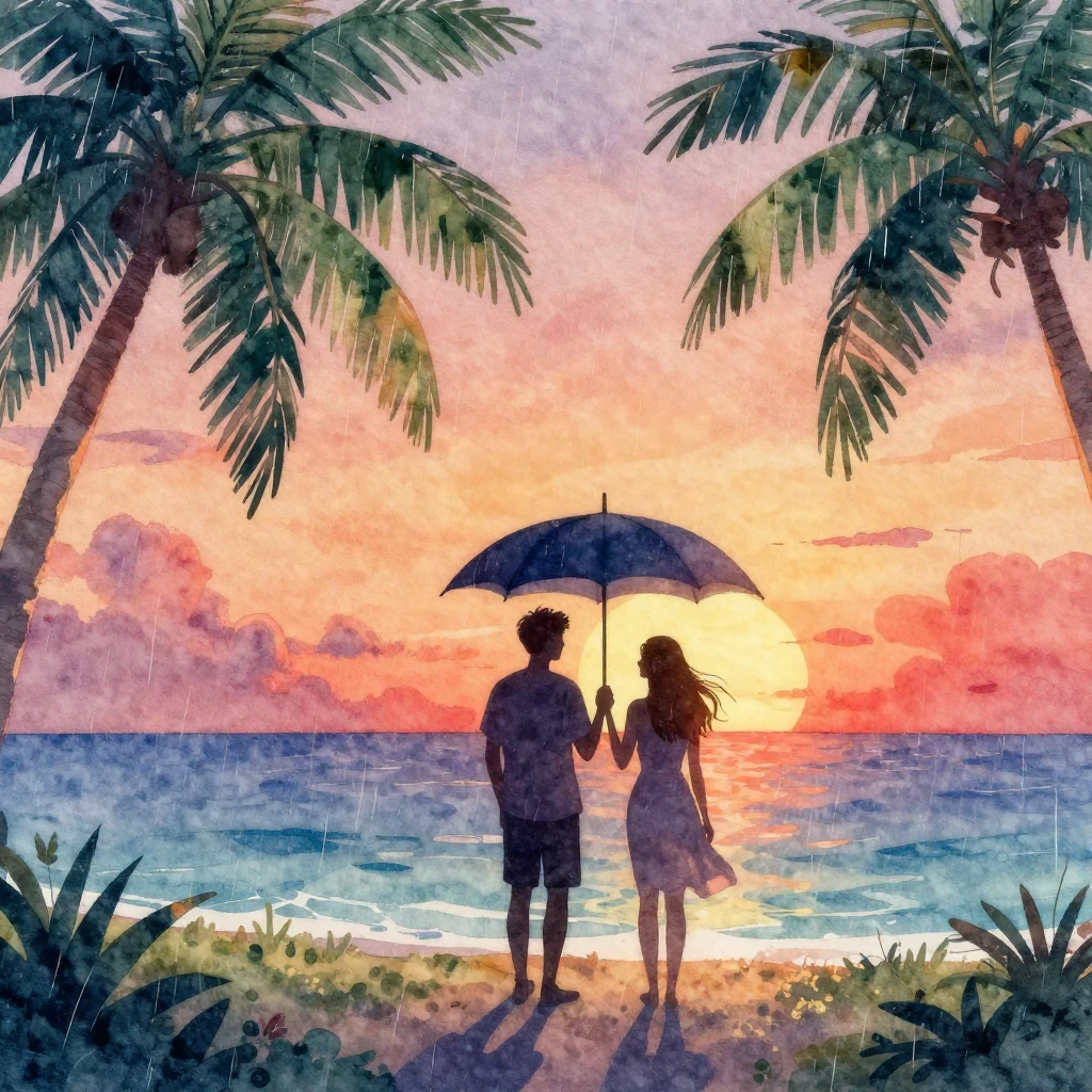 Vibrant watercolor style. Tropical rain scene, silhouette of...