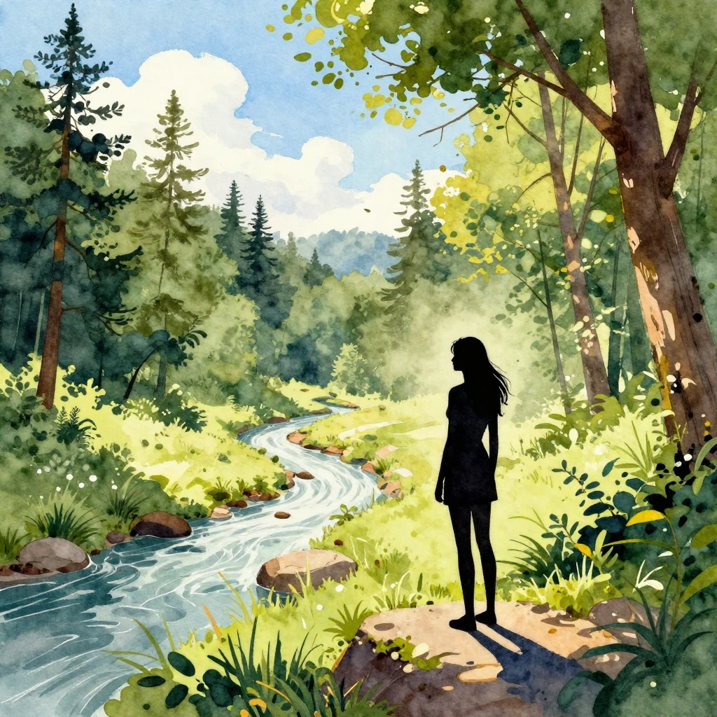 A vibrant watercolor painting depicting a silhouette of a wo...