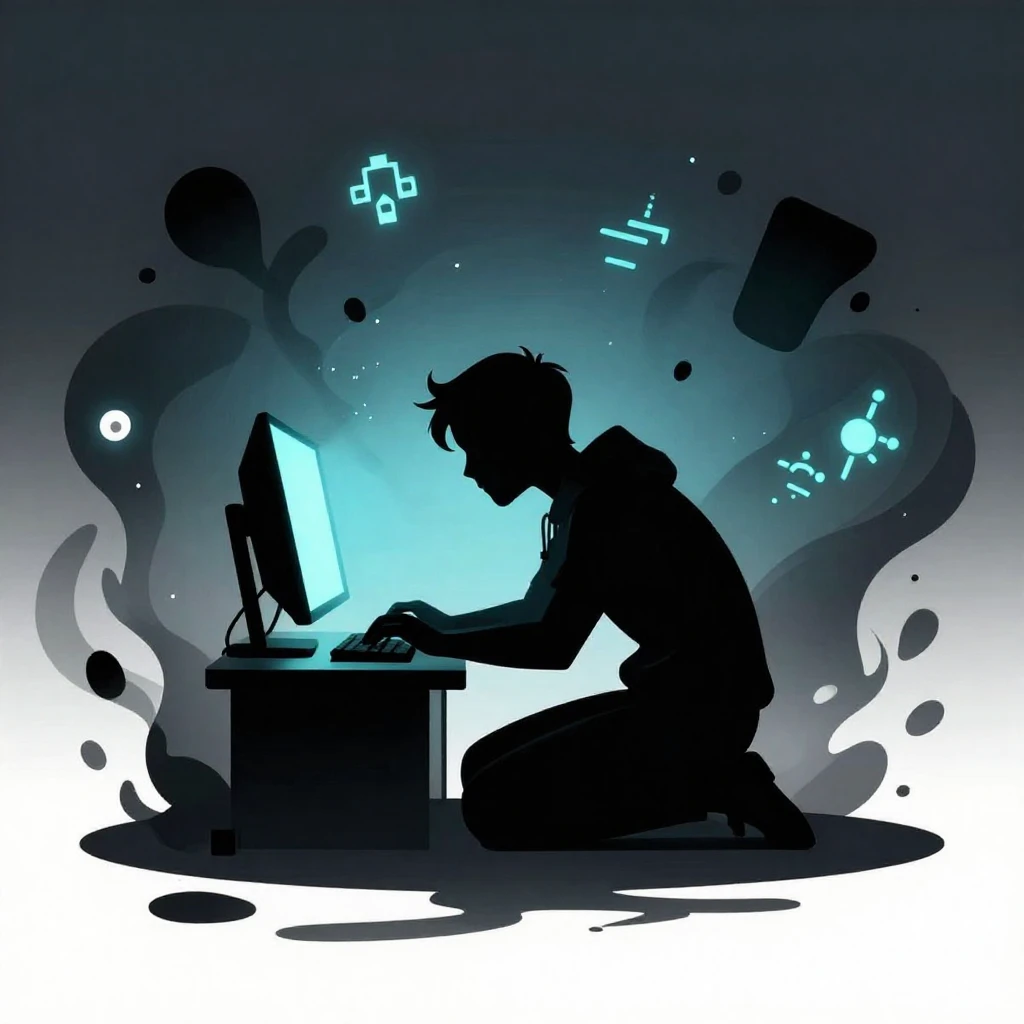 A lone, stylized silhouette of a gamer hunched over a glowin...