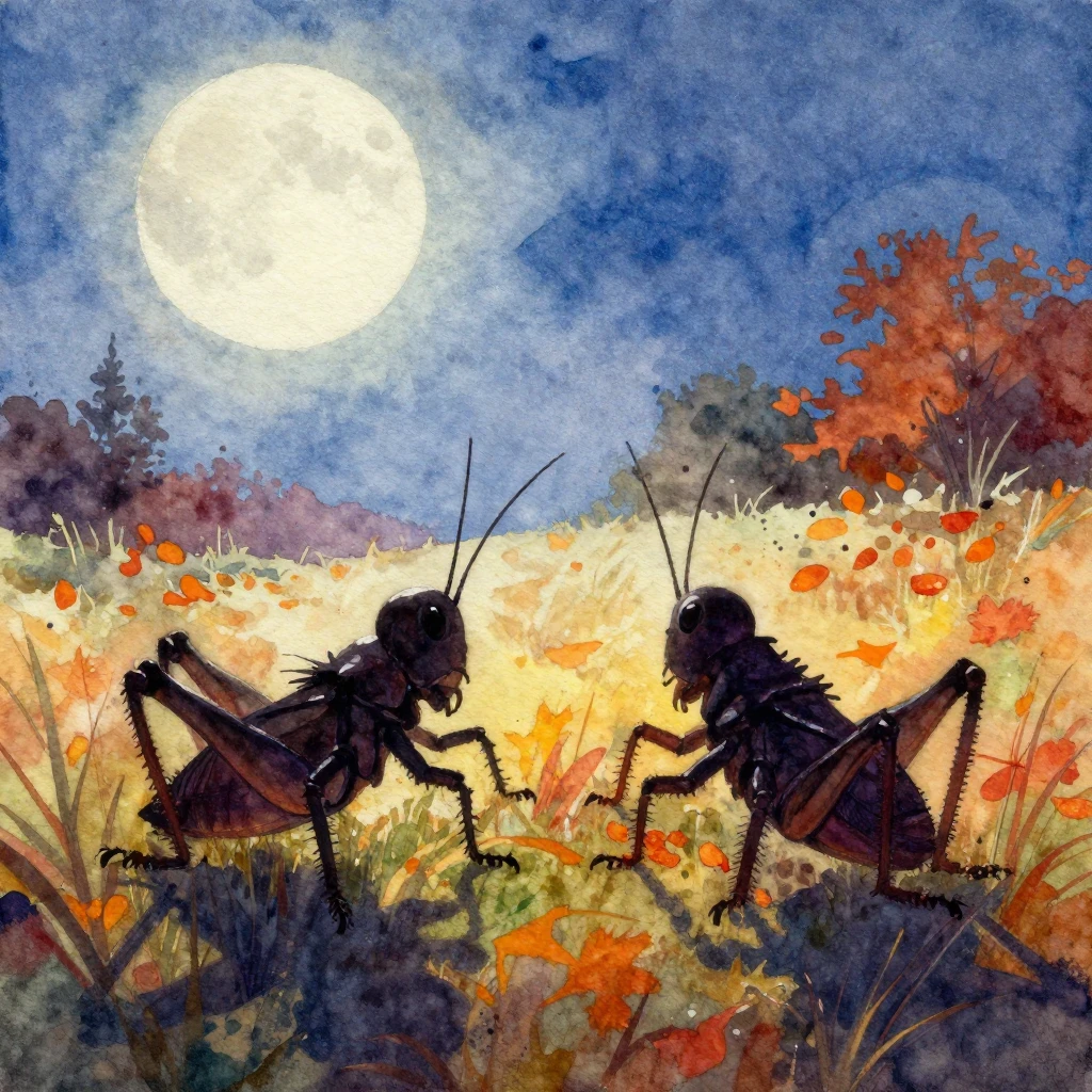 Vibrant watercolor painting of two stylized cricket silhouet...