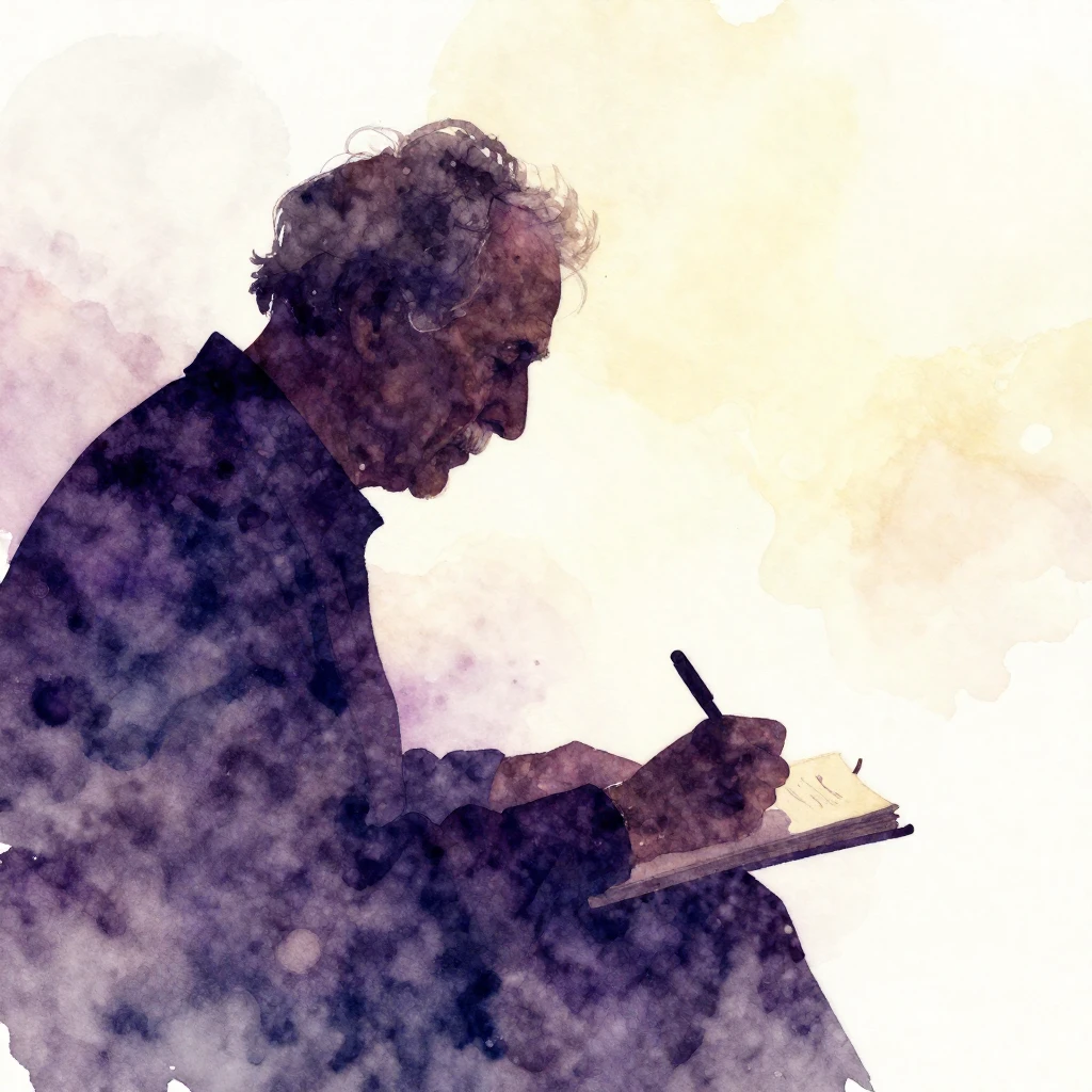 A silhouette of an aging man writing poetry in a vibrant wat...