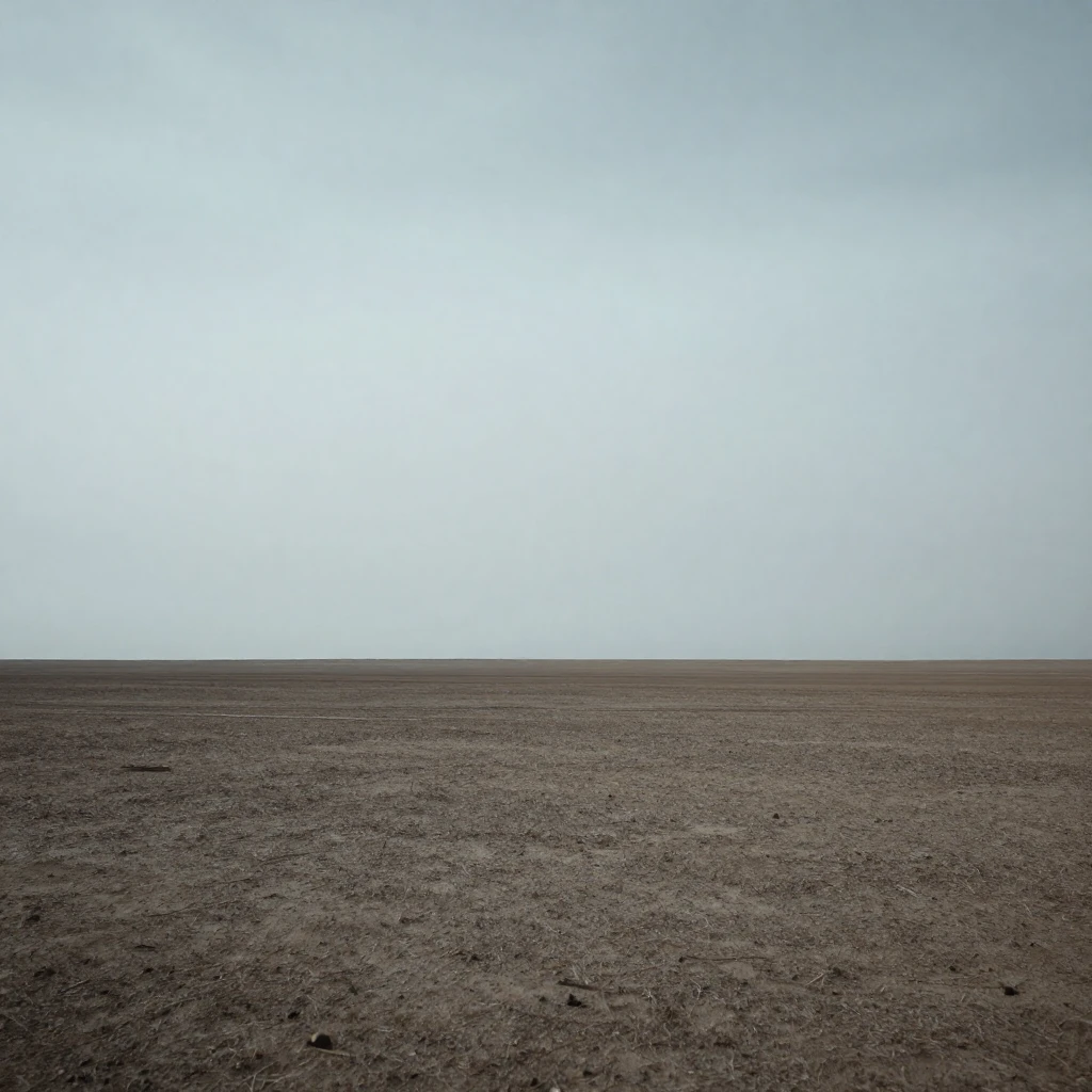 A vast, desolate landscape under a harsh, cold sky. Focus on...