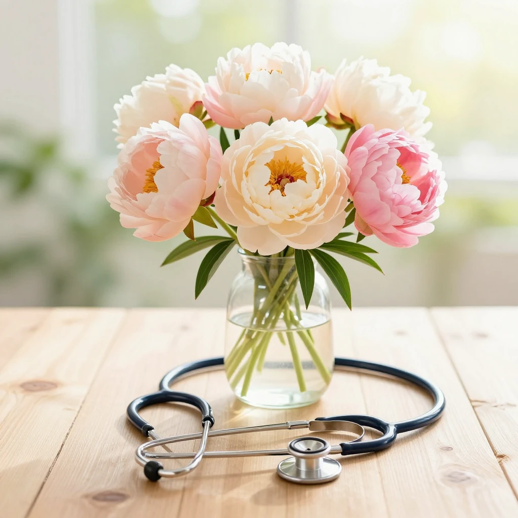 Bright cheerful still life, pastel peonies in a vase, stetho...