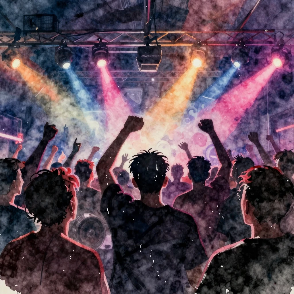Vibrant watercolor style. Metalcore rave, strobe lights, cha...