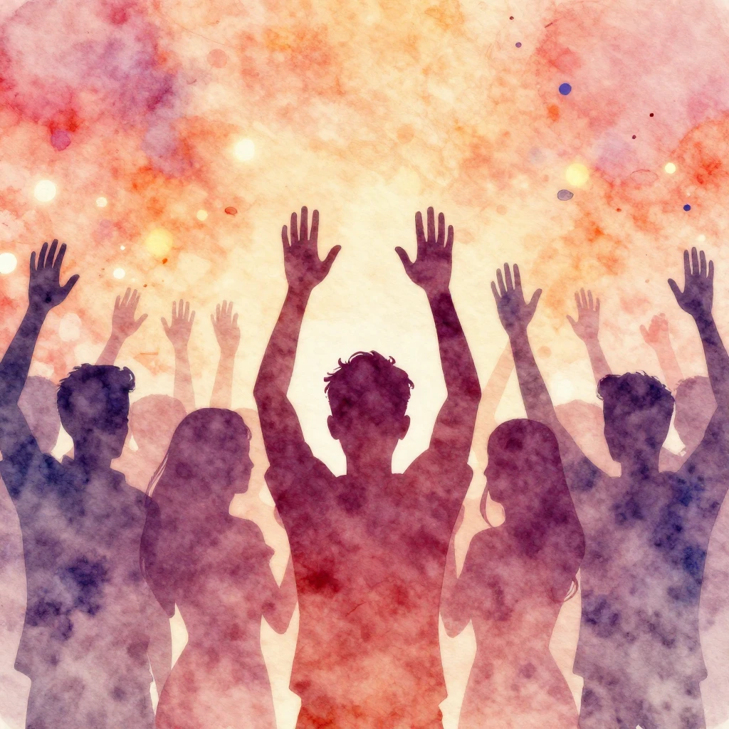 Vibrant watercolor style. A silhouette of a group of people ...