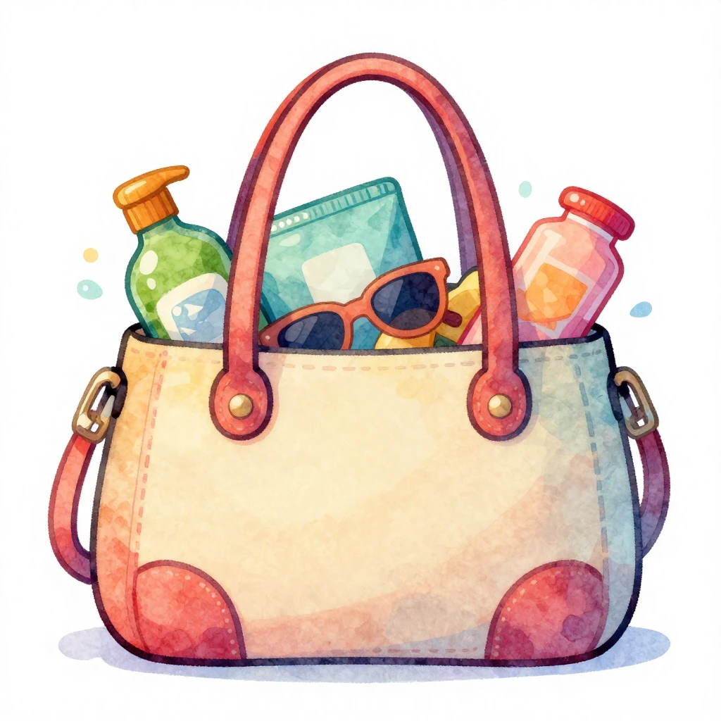 A stylized, cartoon-style handbag, brightly colored and whim...