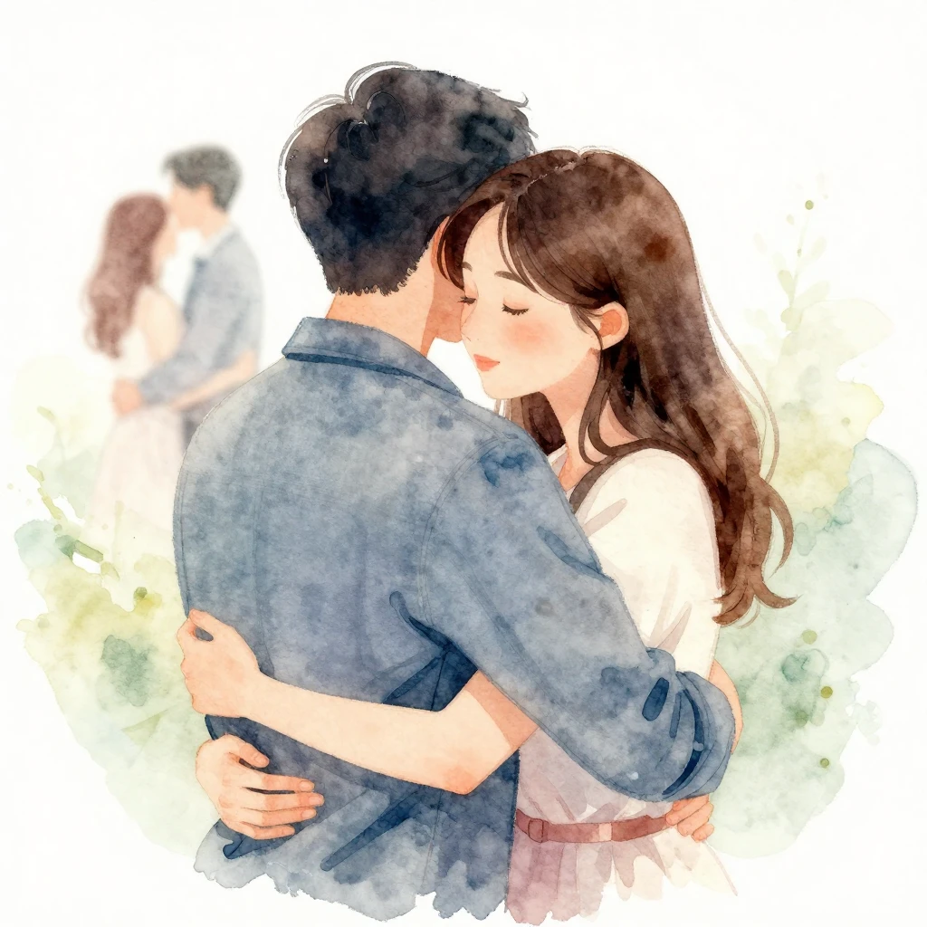 Two friends embracing warmly, with a subtle background sugge...