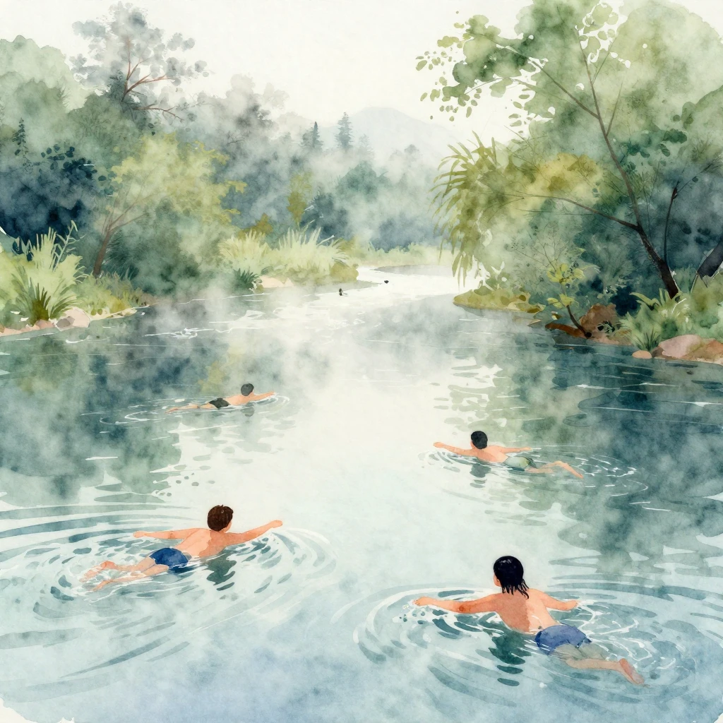 A vibrant watercolor painting depicting a serene misty river...