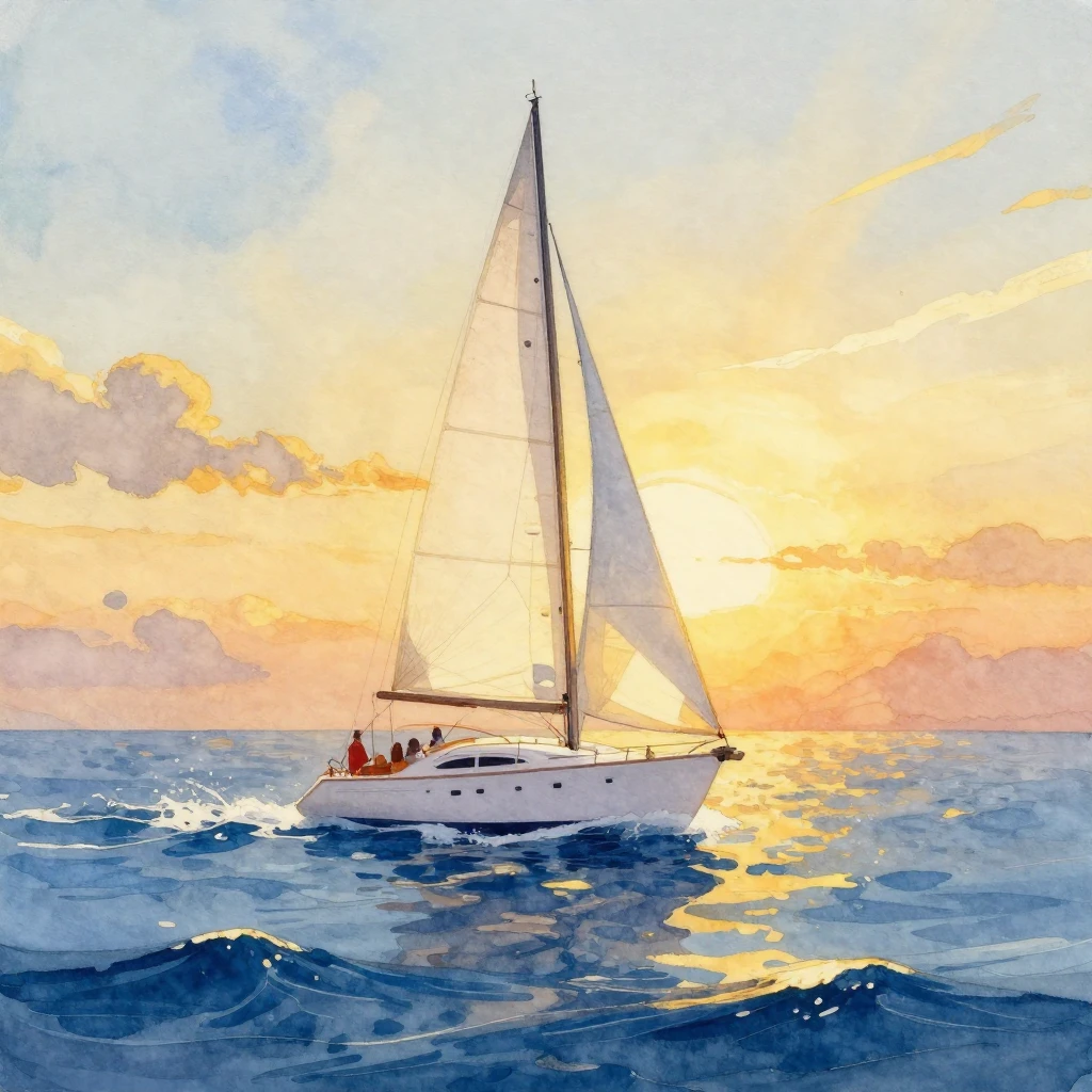 A vibrant watercolor painting of a white yacht sailing on ca...