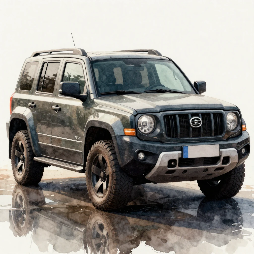 A powerful, rugged SUV, similar to a UAZ Patriot, subtly int...