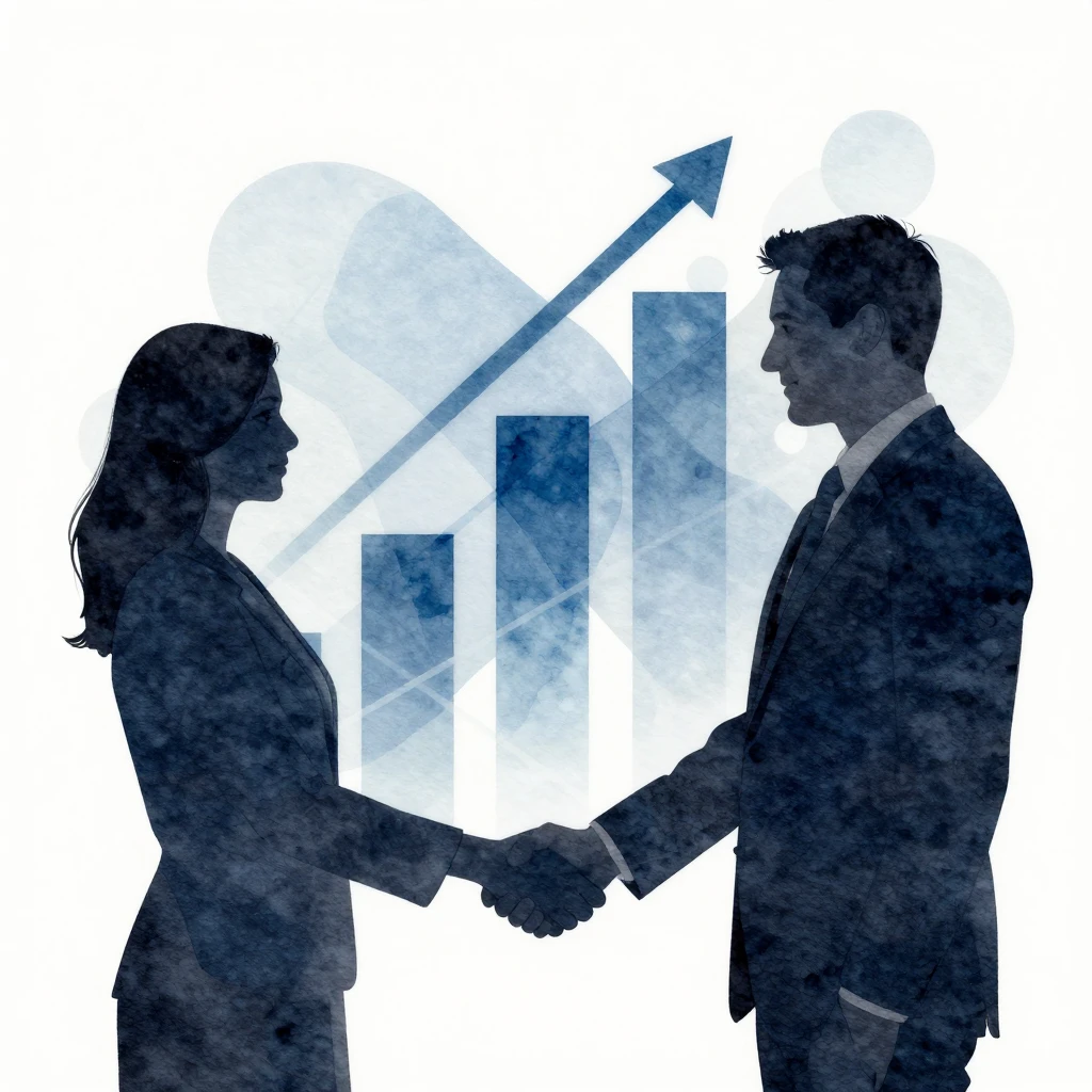 Watercolor style with rising graphs and handshake silhouette...