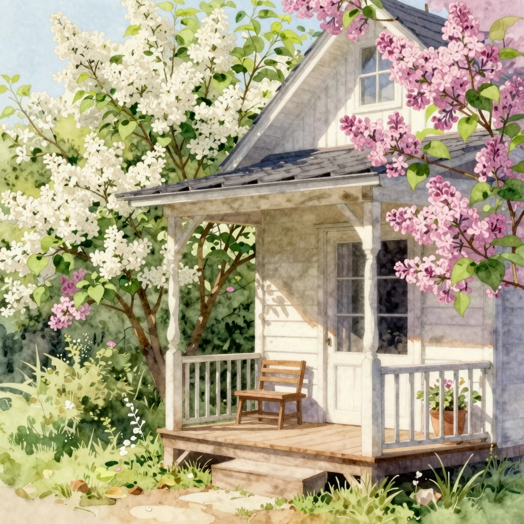 Watercolor painting of a cozy wooden house porch in spring, ...