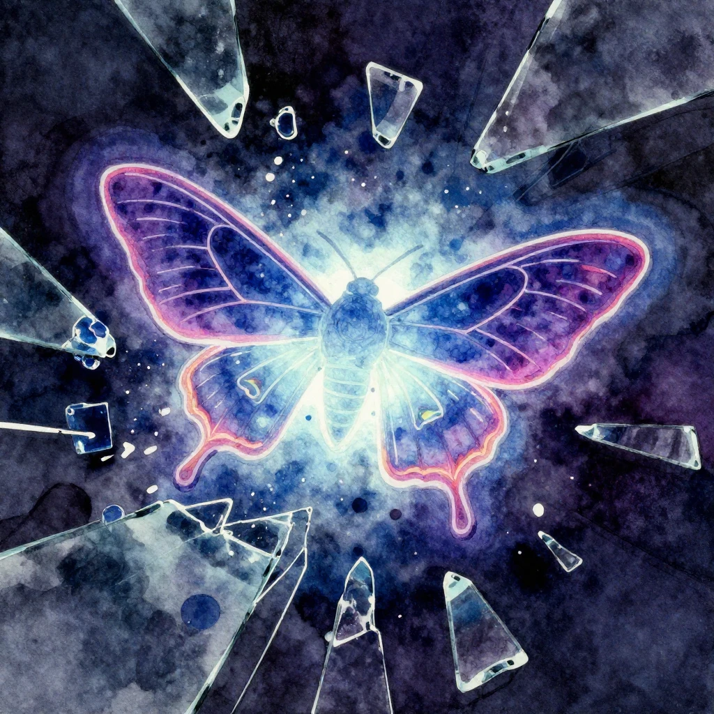 Vibrant watercolor art depicting a neon silhouette of a moth...