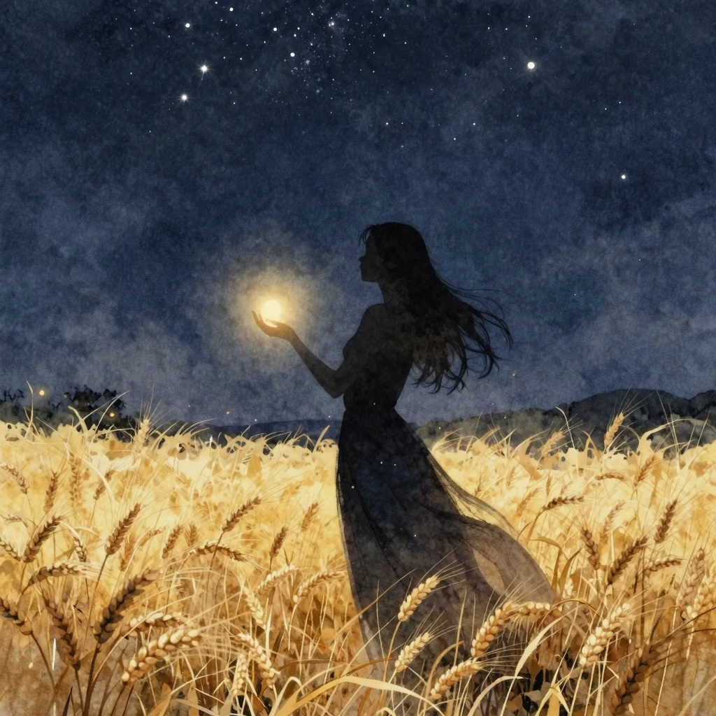 A silhouette of a graceful woman standing in a golden wheat ...