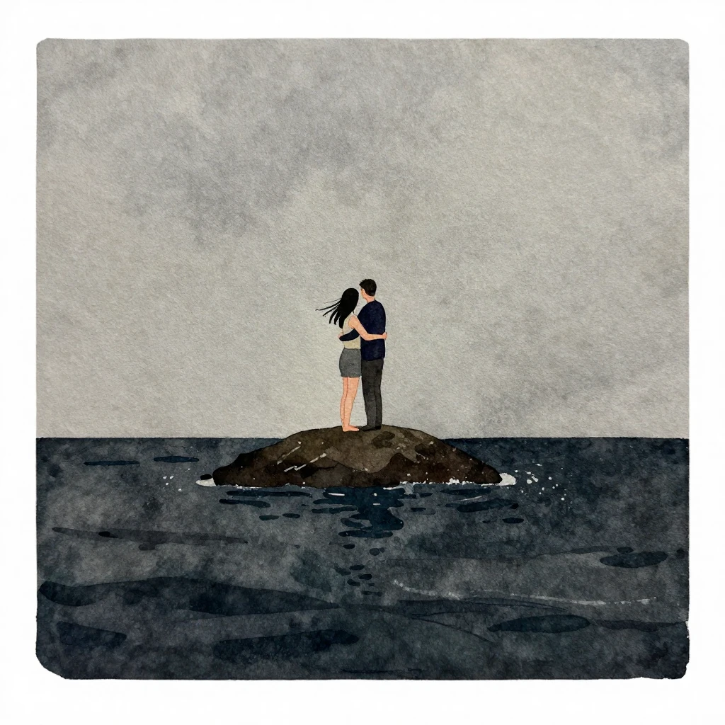 Watercolor painting of two people embracing on a small islan...