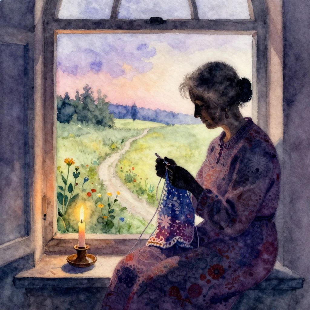 Vibrant watercolor style. Old woman's silhouette by a window...